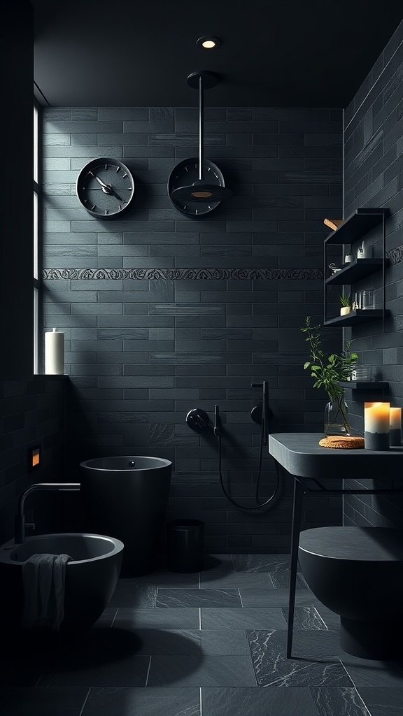 Stylish bathroom featuring charcoal black tiles, modern fixtures, and decorative elements