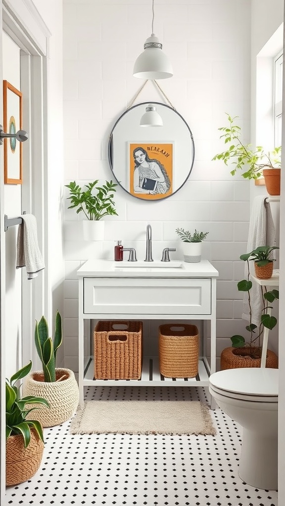Ikea Silveran Vanity styled in a small bathroom with plants and mirrors