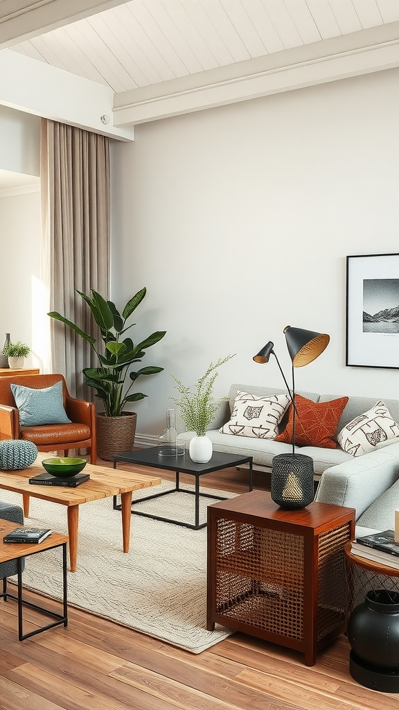 Cozy living room-dining room combo with coordinated textures and materials.