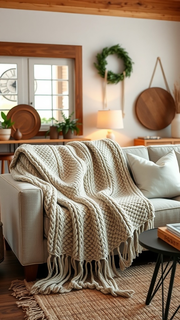 A cozy knit throw blanket draped over a sofa in a modern farmhouse living room.