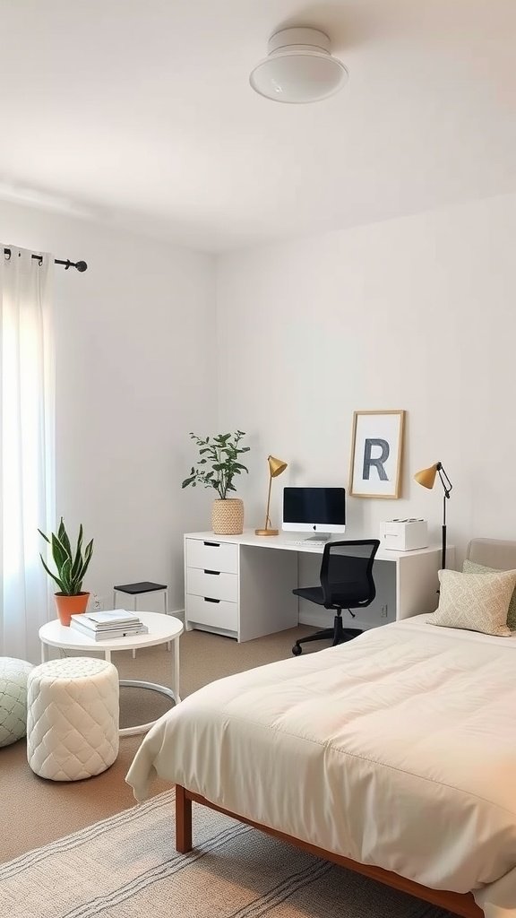 A bright and airy guest bedroom combined with a home office, featuring a neat desk, comfortable bed, and decorative plants.