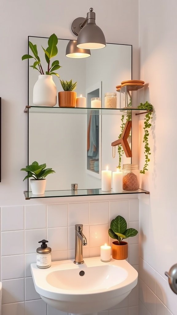 A stylish bathroom mirror shelf with plants, candles, and decorative items.