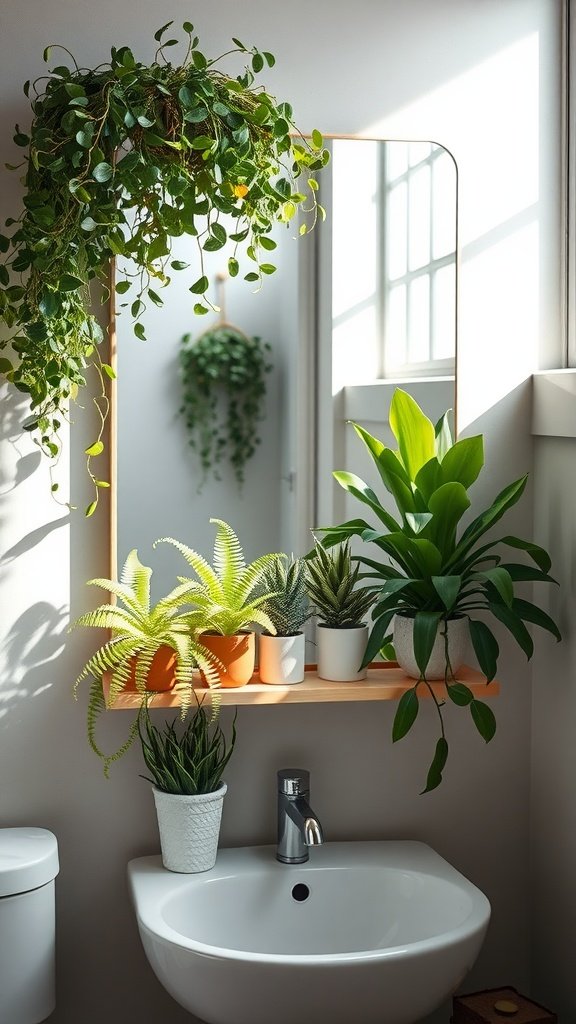 A bathroom interior featuring a mirror shelf with various plants arranged creatively above a sink.