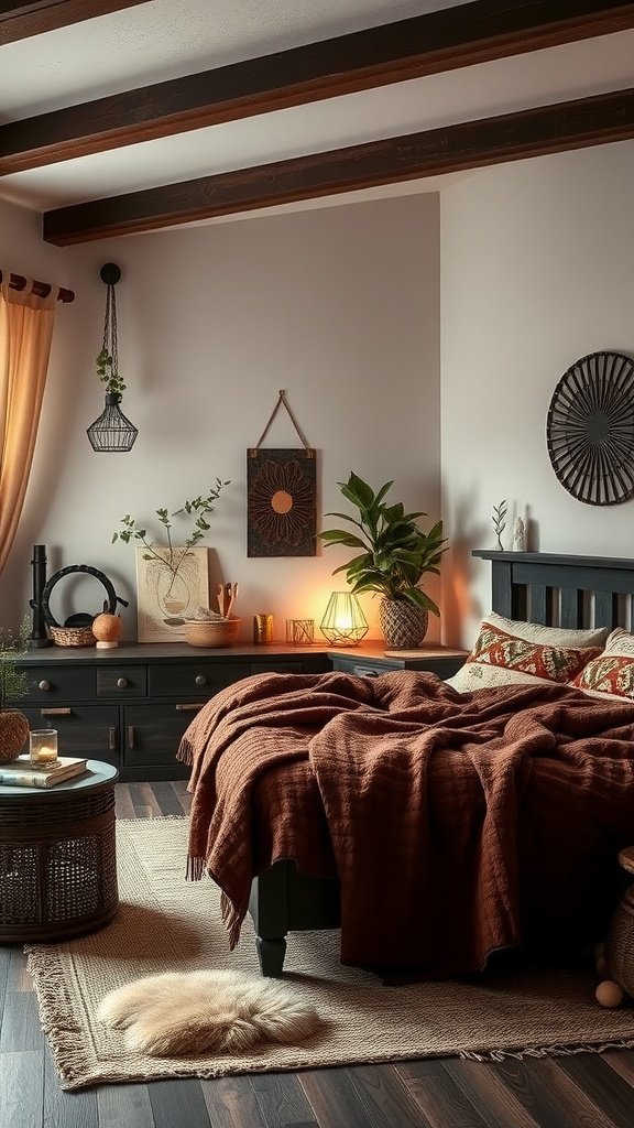 A cozy dark boho bedroom featuring dark wood furniture, warm colors, and plants.