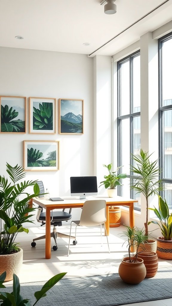 A modern office space featuring nature photography and indoor plants.