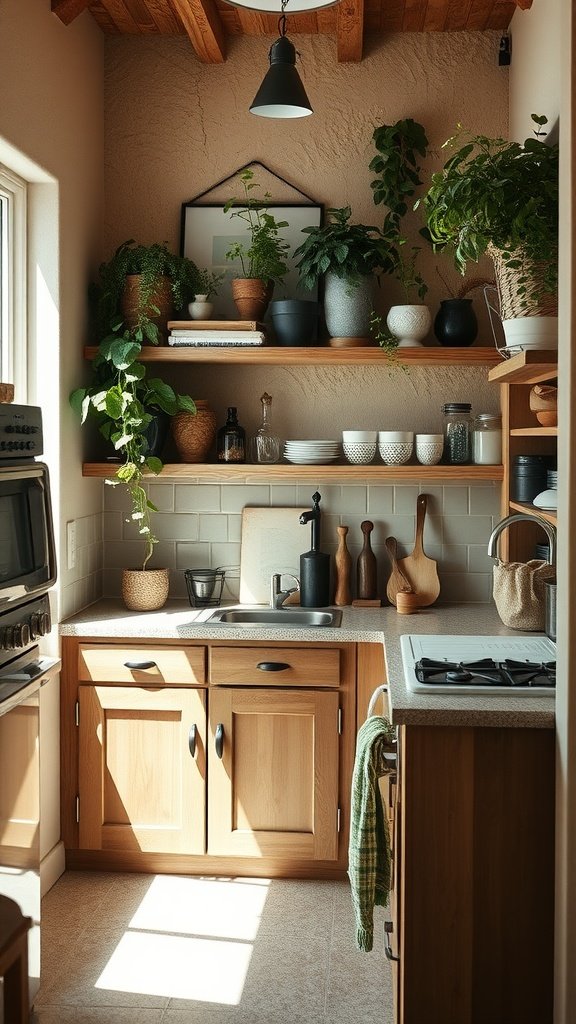 Small rustic kitchen with wooden cabinets and shelves filled with plants and kitchenware.