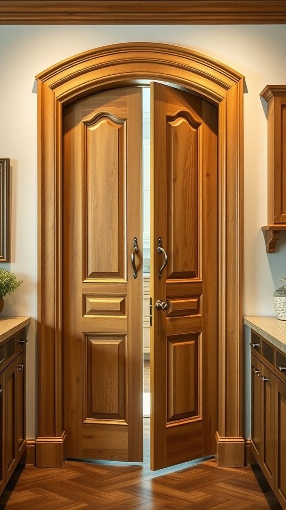 A pair of elegant French pantry doors with a warm natural wood finish, set in a stylish kitchen.