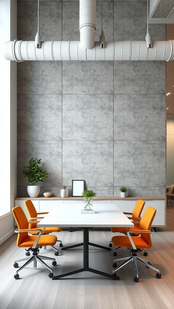 A modern office with an industrial concrete accent wall, featuring bright orange chairs and green plants.