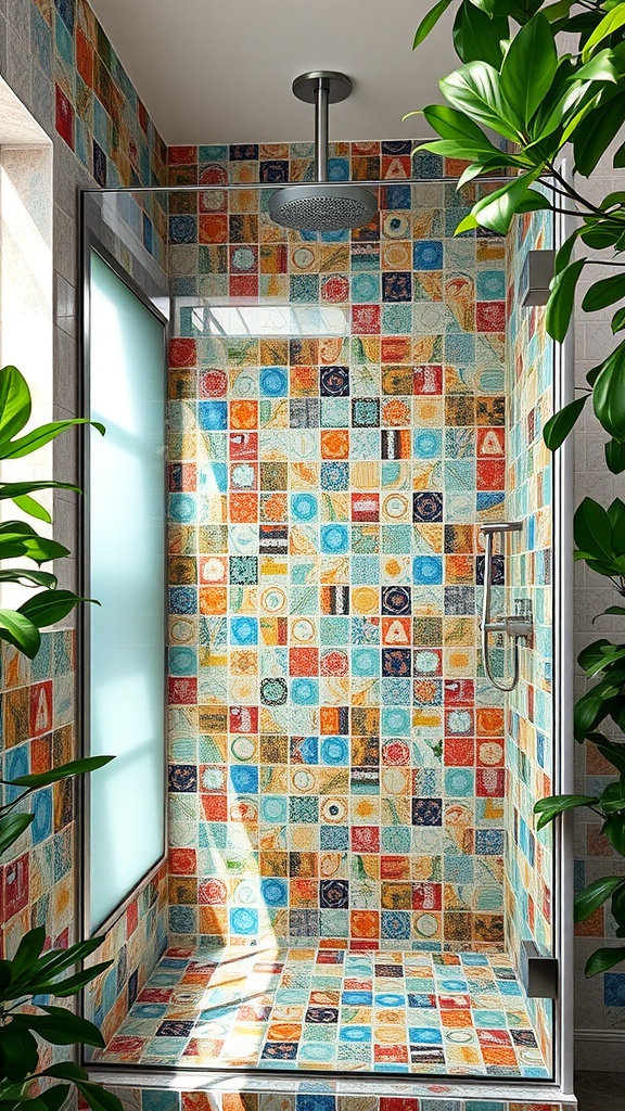 A colorful walk-in shower featuring mosaic tiles in vibrant patterns and colors, surrounded by plants.