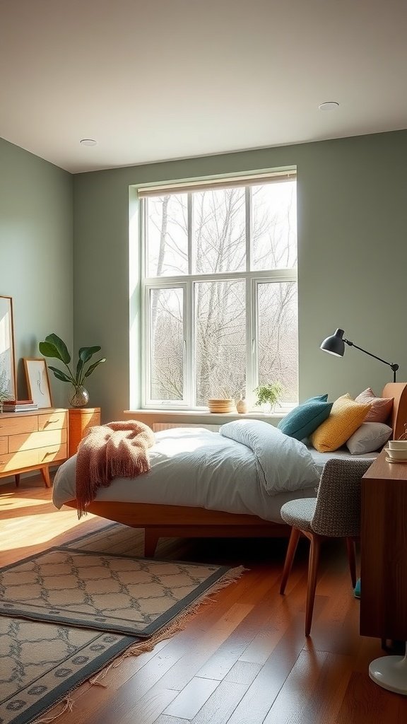 Mid-century modern bedroom featuring sage green walls, wooden furniture, and colorful pillows