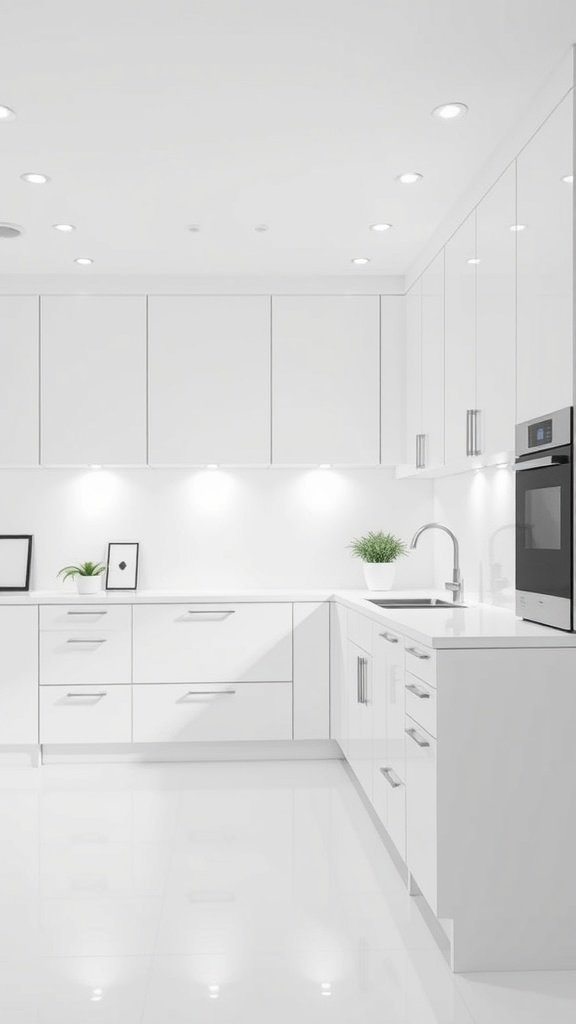 A minimalist white-on-white kitchen with sleek cabinets, modern appliances, and green plants.