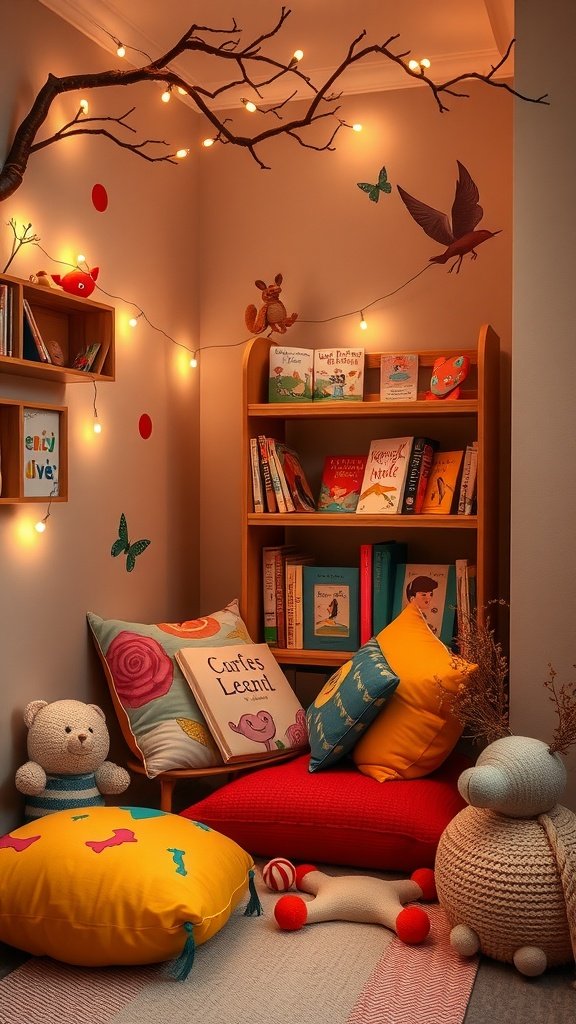 Cozy reading nook for kids with colorful pillows, bookshelves, and warm lights.