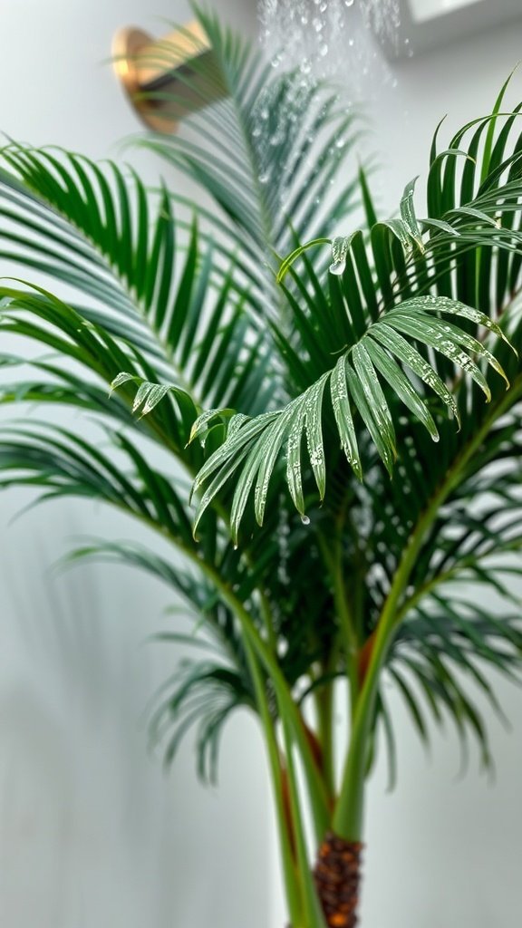 A lush Parlor Palm with water droplets on its leaves, positioned under a shower head.