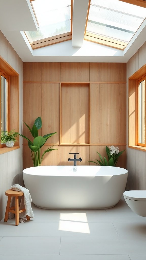 A serene Scandi bathroom with wood paneling, skylights, a freestanding bathtub, and plants.