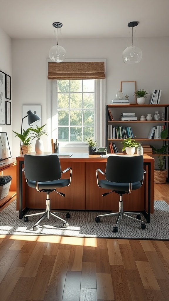 A shared desk island in a small home office with a wooden desk and two chairs, surrounded by plants and books.
