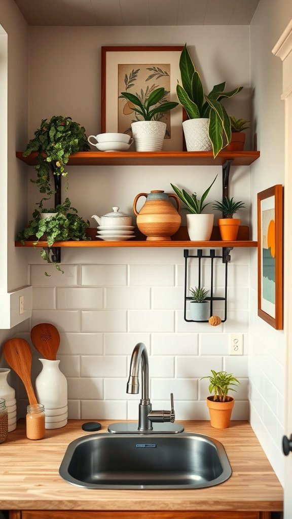 A small kitchen with wooden shelves above the sink displaying plants, dishware, and a decorative framed print.