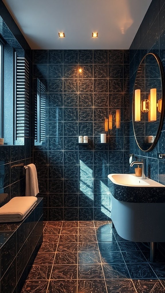 A stylish bathroom featuring starry dark glitter tiles that shimmer under soft lighting.