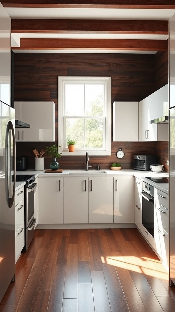 A U-shaped kitchen featuring glossy white cabinets and dark wood accents, with a large window and natural light.