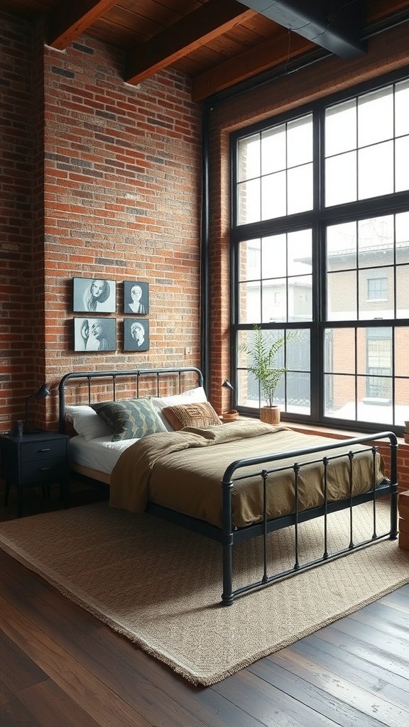 A modern industrial bedroom featuring a black iron bed frame, exposed brick walls, large windows, and natural wood flooring.