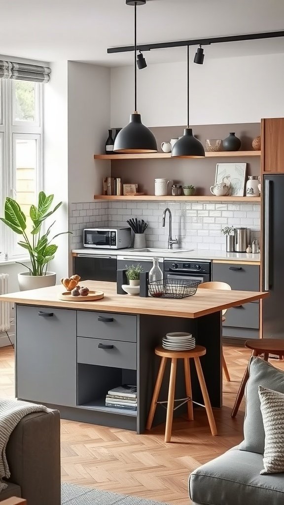 A modern kitchen featuring a versatile island, dark cabinets, wooden top, and stools.