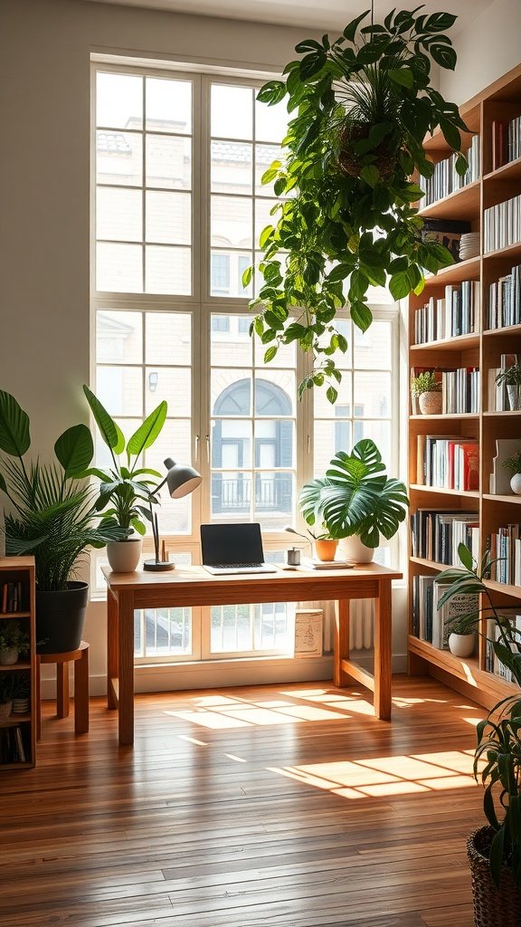 Cozy workspace with a wooden desk, laptop, and plants, illuminated by sunlight.