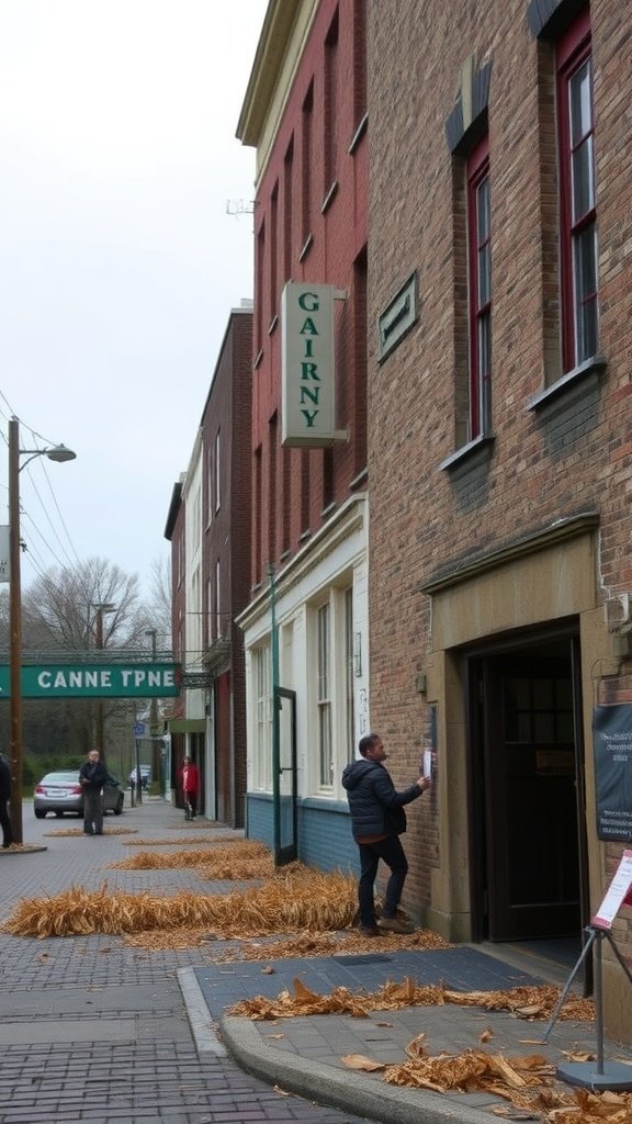 A street view with buildings, showing natural elements and a calm atmosphere.