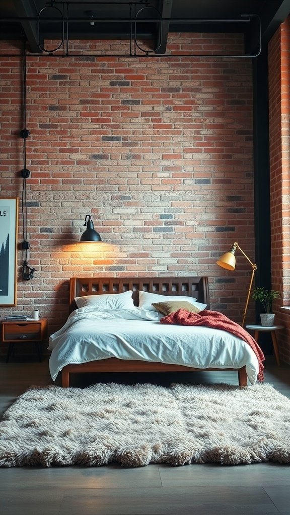 A cozy modern industrial bedroom featuring a plush area rug, a wooden bed, and exposed brick walls.