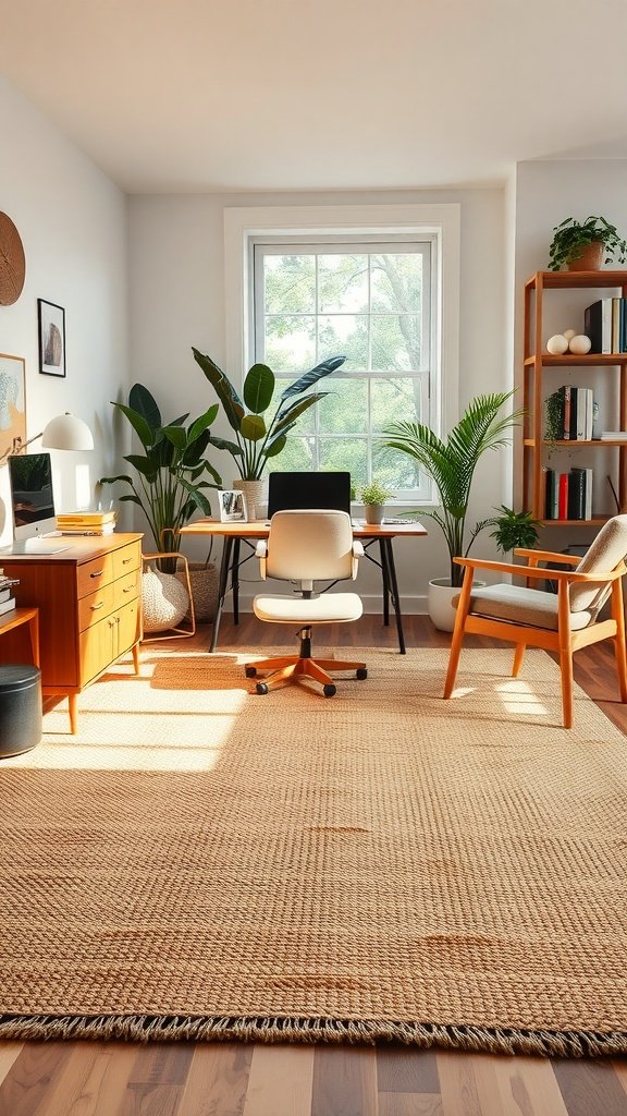 A cozy home office with a natural fiber accent rug, plants, and wooden furniture