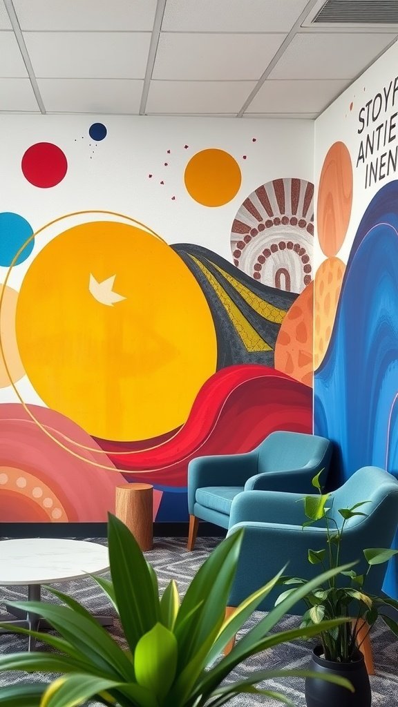 Colorful hand-painted mural in an office space featuring abstract shapes and vibrant colors.
