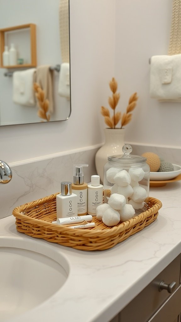 A wicker tray on a bathroom counter holding skincare products and a glass canister filled with cotton balls.