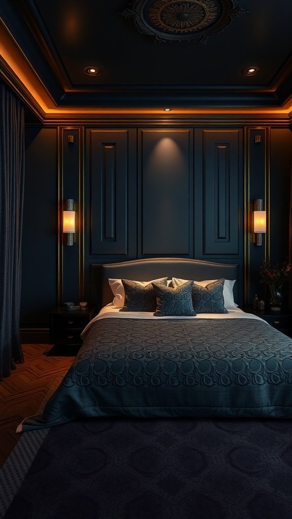 Art Deco bedroom with deep blue walls, warm lighting, and a cozy bed with decorative pillows.