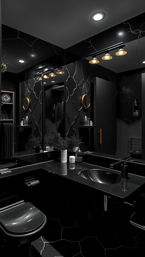 A stylish black bathroom featuring elegant mirrors and warm lighting.