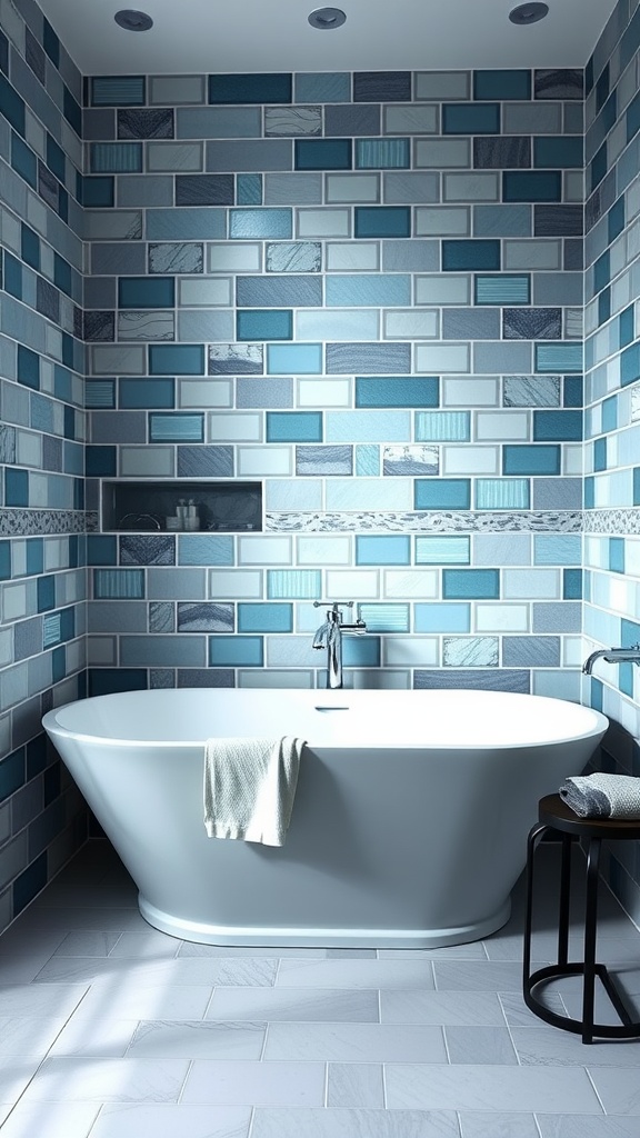 A bathroom with a mix of blue and grey tiles, featuring a modern freestanding bathtub.