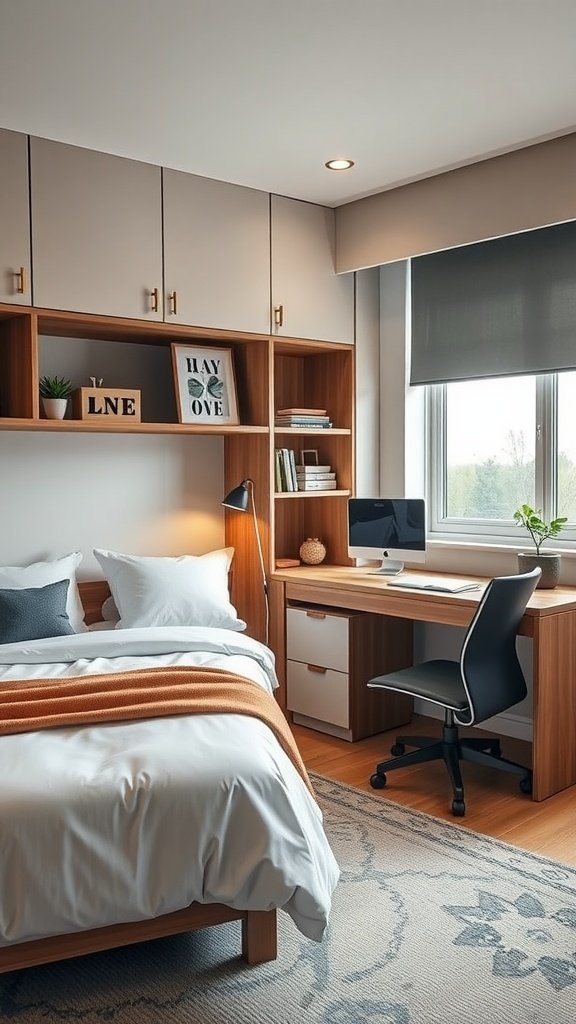 Cozy guest bedroom and home office combo with a bed, desk, and organized shelves