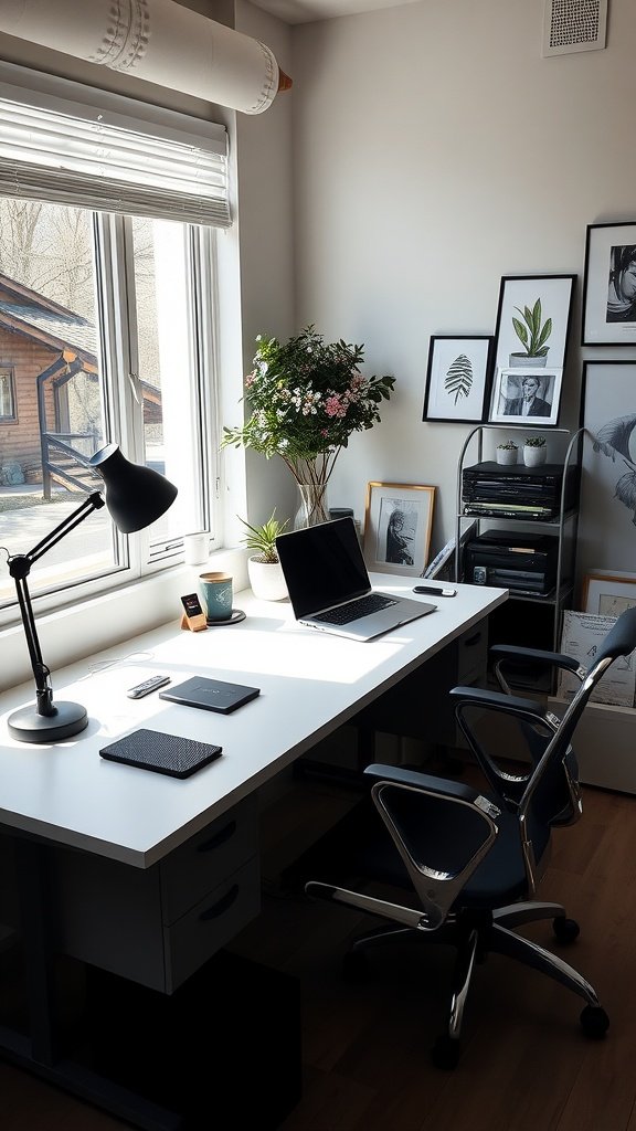 A modern double desk setup with integrated charging stations in a small home office, featuring plants and framed art.