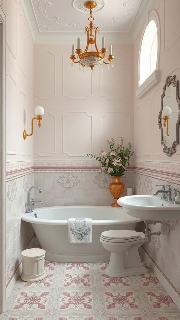 A stylish bathroom with soft pink walls, intricate moldings, a freestanding bathtub, a chandelier, and floral decor, showcasing French boudoir style.