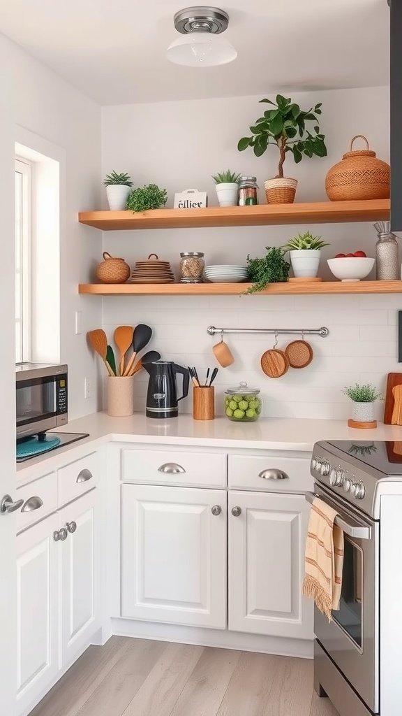 A small kitchen featuring open wooden shelves with plants and kitchen utensils, a microwave, and modern appliances.