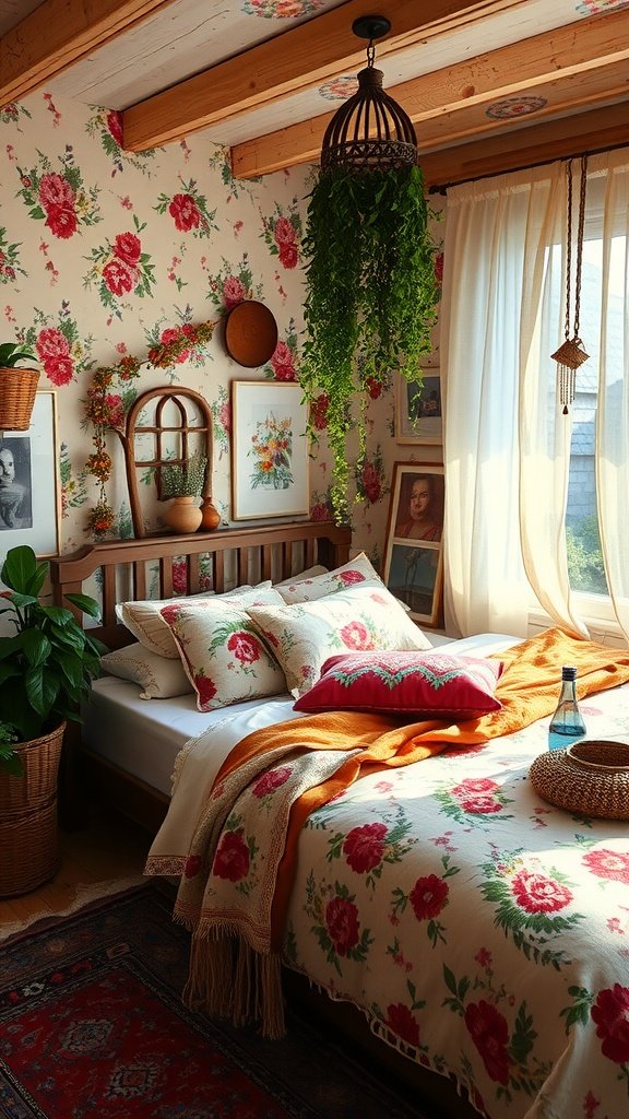 A cozy bohemian bedroom with floral wallpaper, a wooden bed, colorful pillows, and hanging plants.