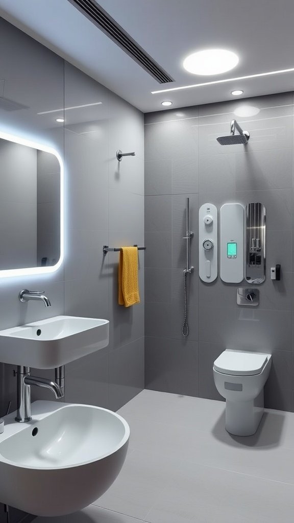 Modern futuristic bathroom with gray tiles, sleek mirror, advanced shower controls, and minimalist design.