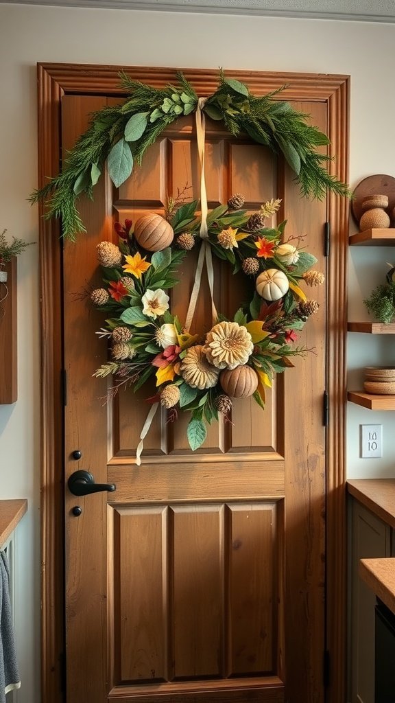 A beautiful seasonal wreath made of greenery, colorful leaves, and decorative pumpkins hung on a wooden pantry door.