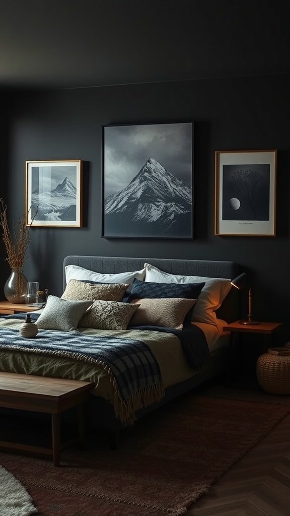 A dark boho bedroom featuring moody mountain artwork, designed to reflect tranquility and depth.