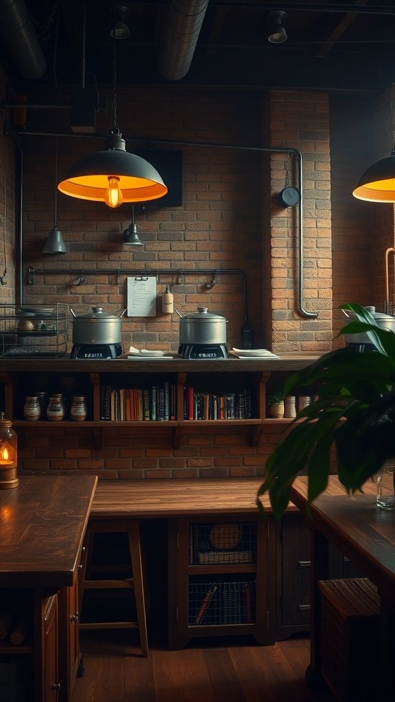 A moody kitchen featuring industrial elements, with hanging lights, brick walls, and open shelving.