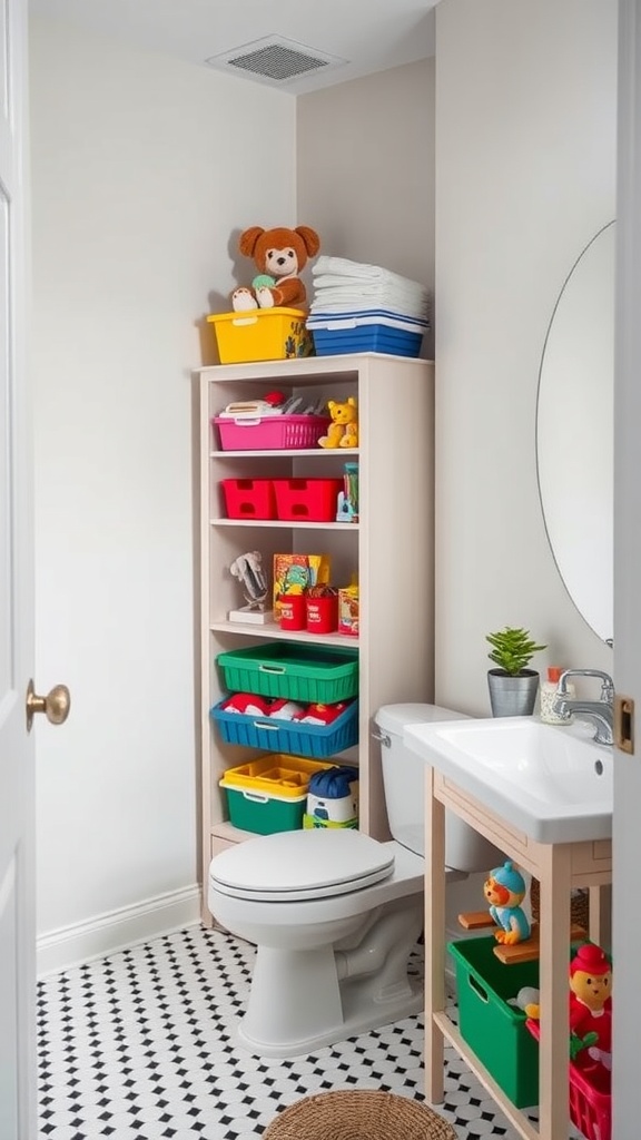 A small bathroom with a shelving unit filled with colorful baskets and toys