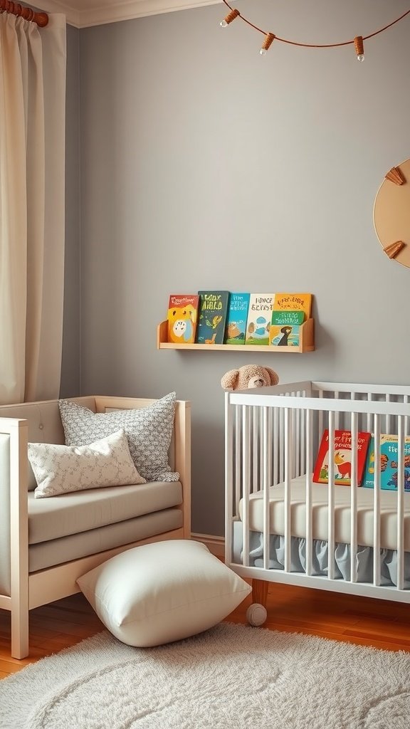 Cozy reading area next to a crib with colorful children's books on a shelf, a comfortable chair, and plush pillows.