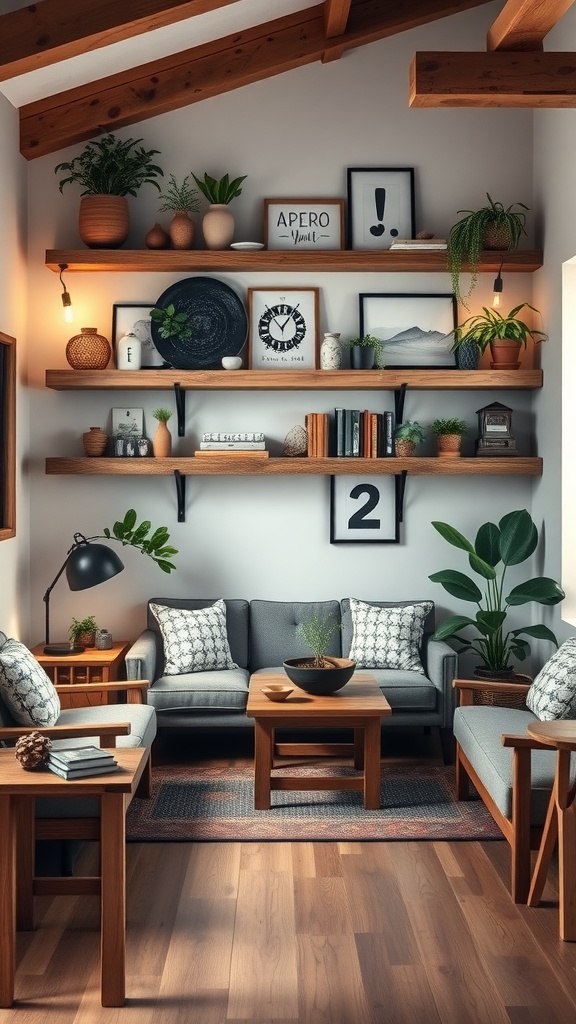 A modern farmhouse living room featuring reclaimed wood shelving filled with plants and decor.