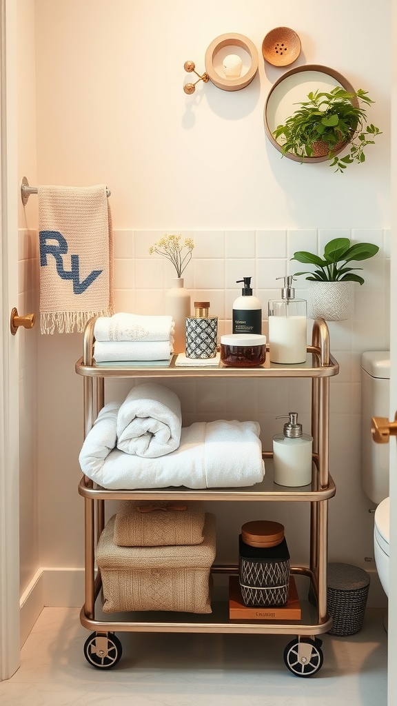 A stylish rolling cart in a small bathroom holding neatly stacked towels, toiletries, and a decorative basket.
