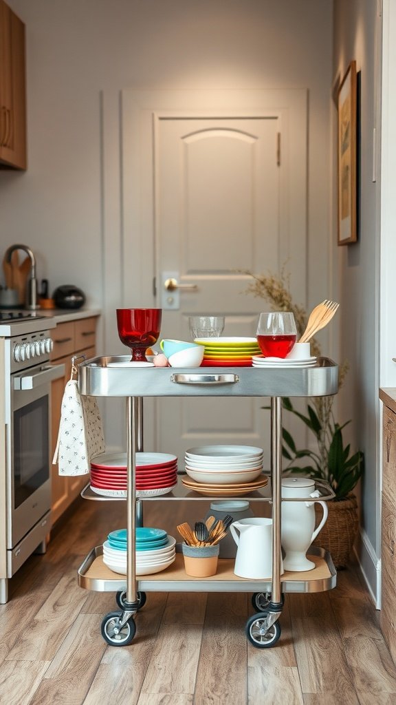 A rolling dish cart with colorful dishes, glasses, and utensils in a small kitchen.