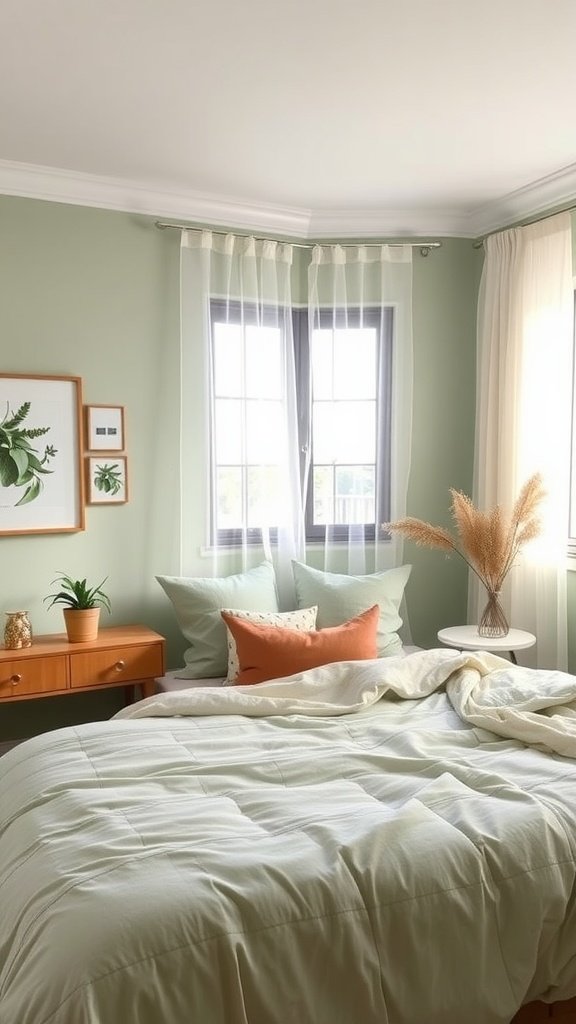 A cozy sage green bedroom featuring light bedding, copper accents, and natural light through large windows.