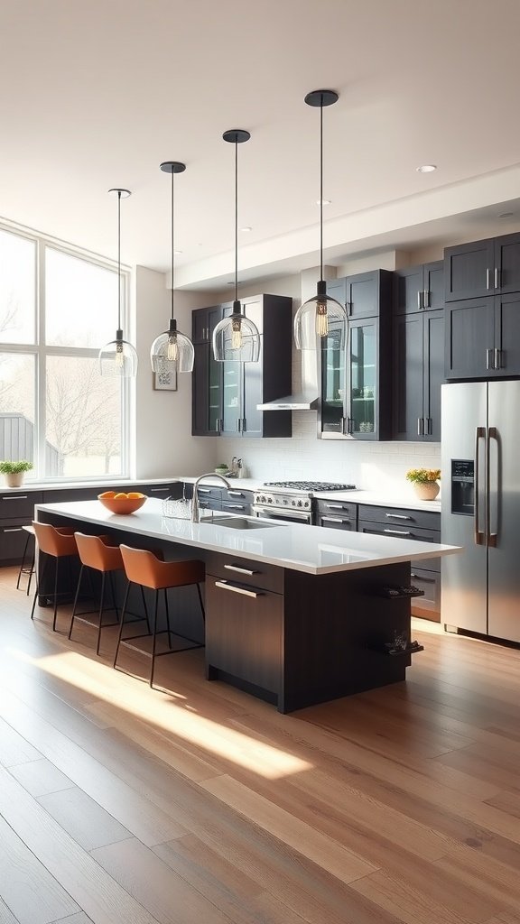 A contemporary U-shaped kitchen featuring dark cabinetry, bright countertops, and a stylish island with seating.