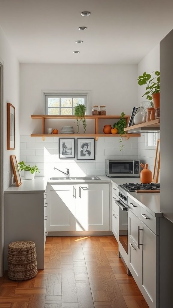 A simple small kitchen with white cabinets, open shelving, plants, and wooden flooring.